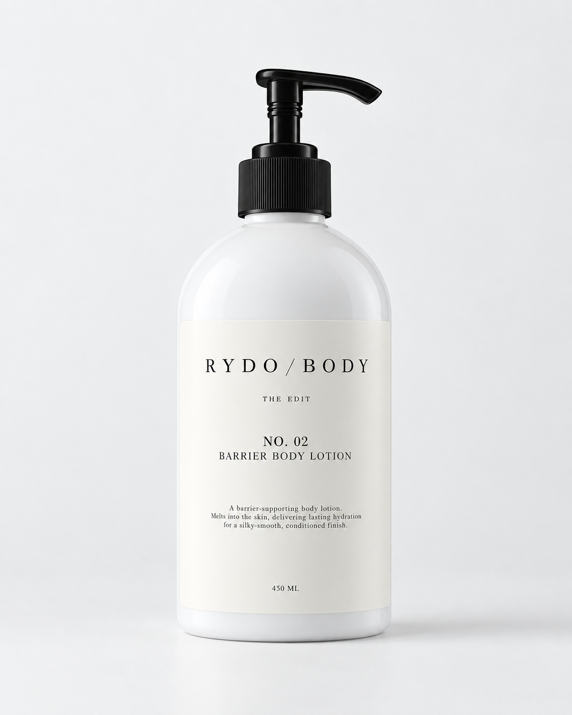A white pump bottle of RYDO/BODY No. 02 Barrier Body Lotion with a black pump dispenser, set against a clean white background.
