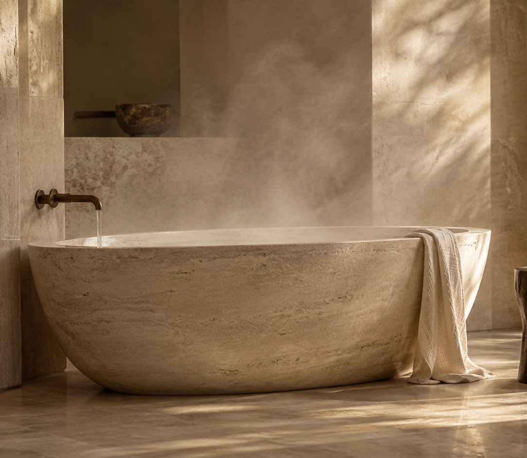A freestanding oval stone bathtub in a warm beige stone bathroom, with steam rising from the water and sunlight casting shadows across the tub and surrounding walls.